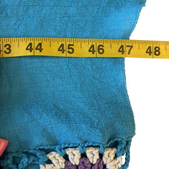 Crochet-Accented Teal Blue Kaftan Dress & White Beaded Bamboo Handbag Set - Picture 9 of 12